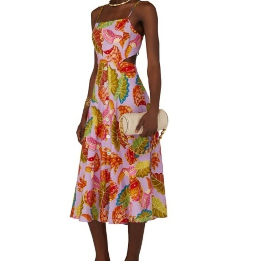 Farm Rio Lilac Beaks and Bananas Print Cutout Midi Dress Button Front Womens | M - Picture 16 of 16